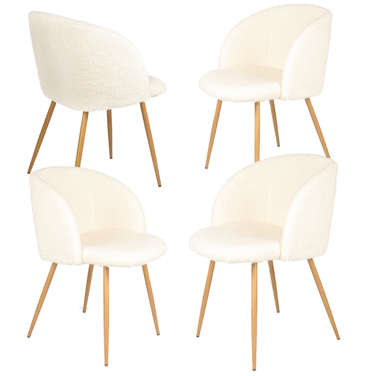 Boucle Dining Chairs With Arms Set Of 4 With Curved Backrest Lumbar Support Upholstered Teddy Faux Fur Chair Upholstered Dining Room Chair For
